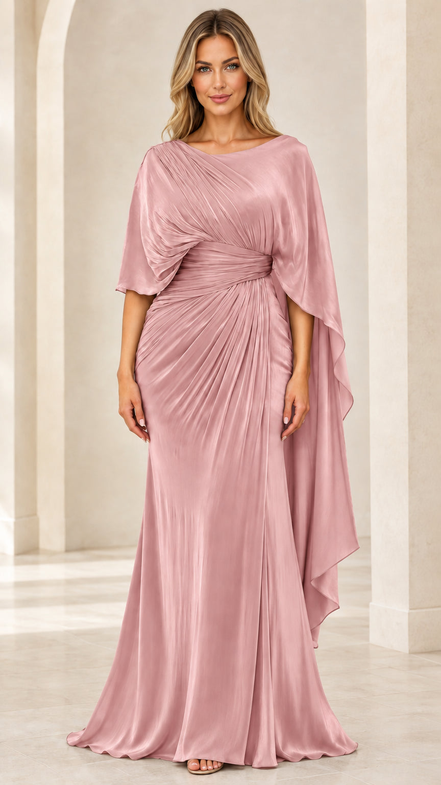Blush Pink draped cape sleeve floor length evening dress