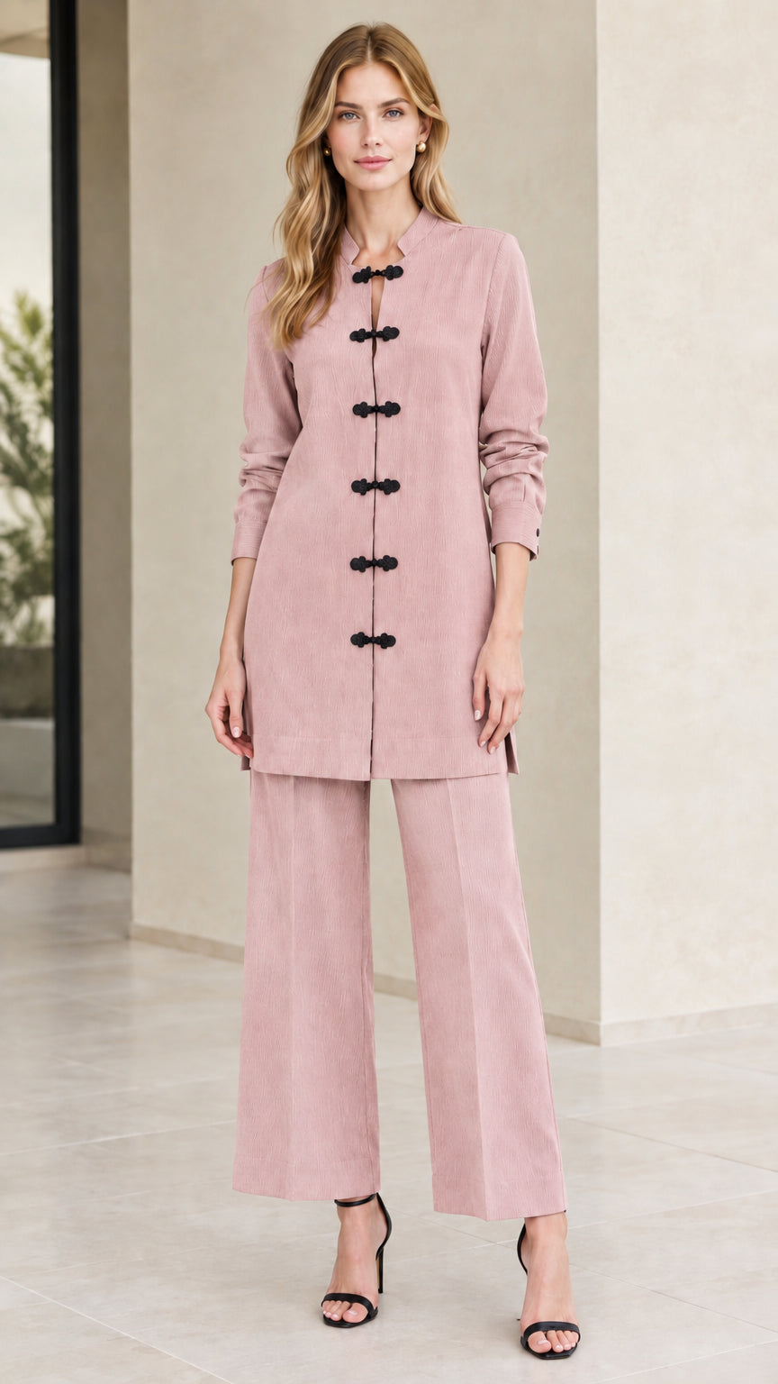 Front full-length view of woman wearing Dusty Pink mandarin collar tunic top and matching trousers