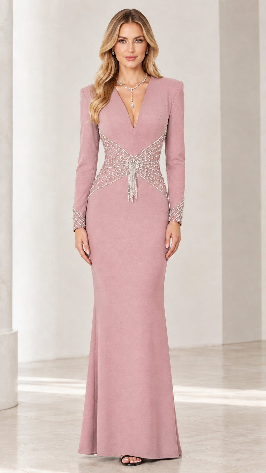Dusty Rose long sleeve evening gown with crystal beaded waist detail