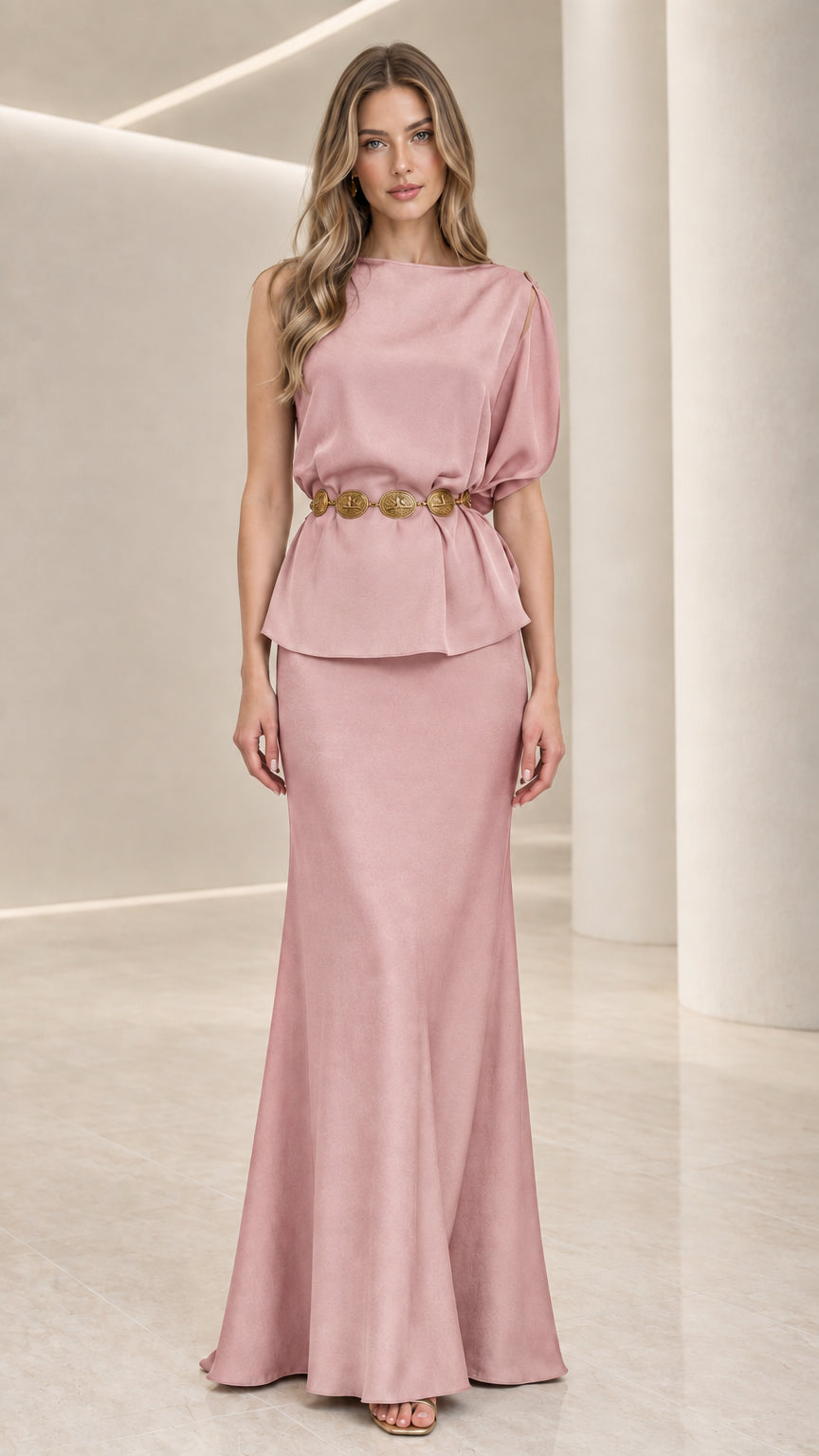 Blush pink elegant floor-length peplum formal dress