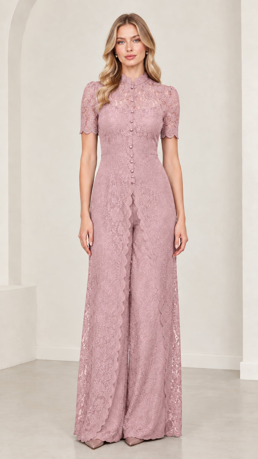 Front full-length view of dusty rose floral lace wide-leg evening jumpsuit