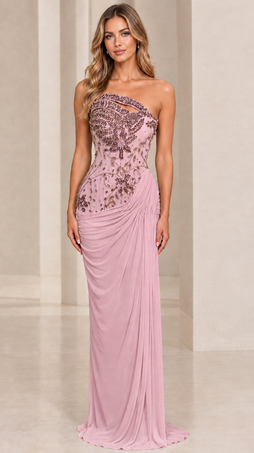 Front view of model wearing dusty pink beaded bodice draped evening gown