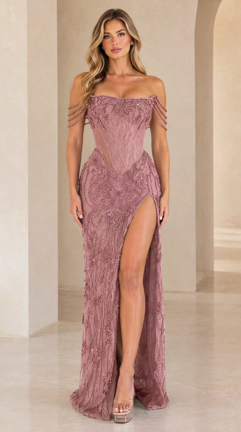 Dusty rose off-the-shoulder beaded corset evening gown with high slit