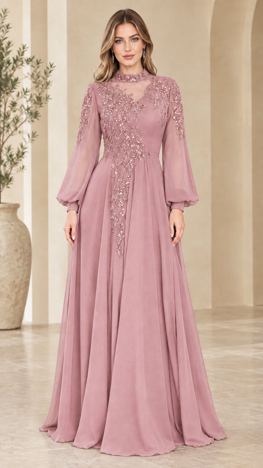 Front view of dusty rose pink sequin illusion evening dress