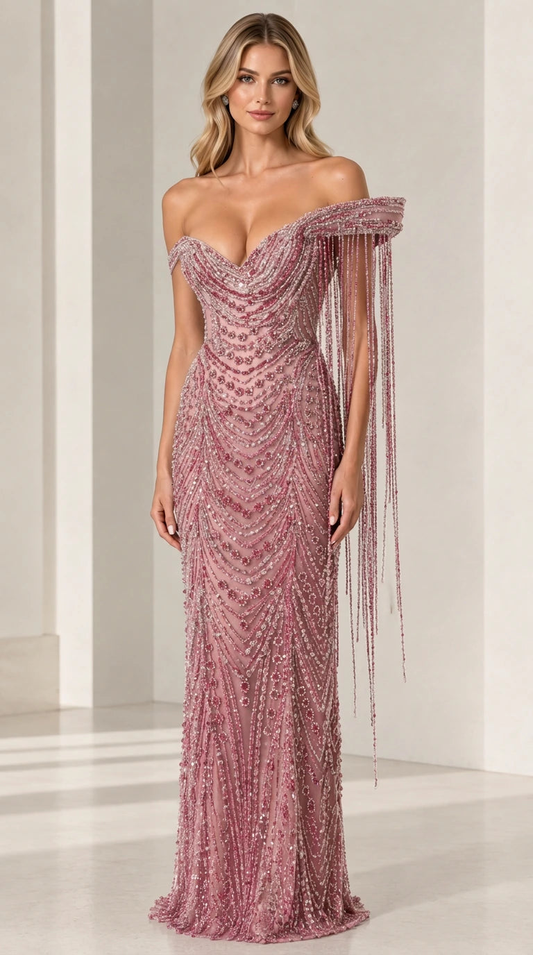 Mauve pink embellished off-shoulder evening gown with fringe cape sleeve