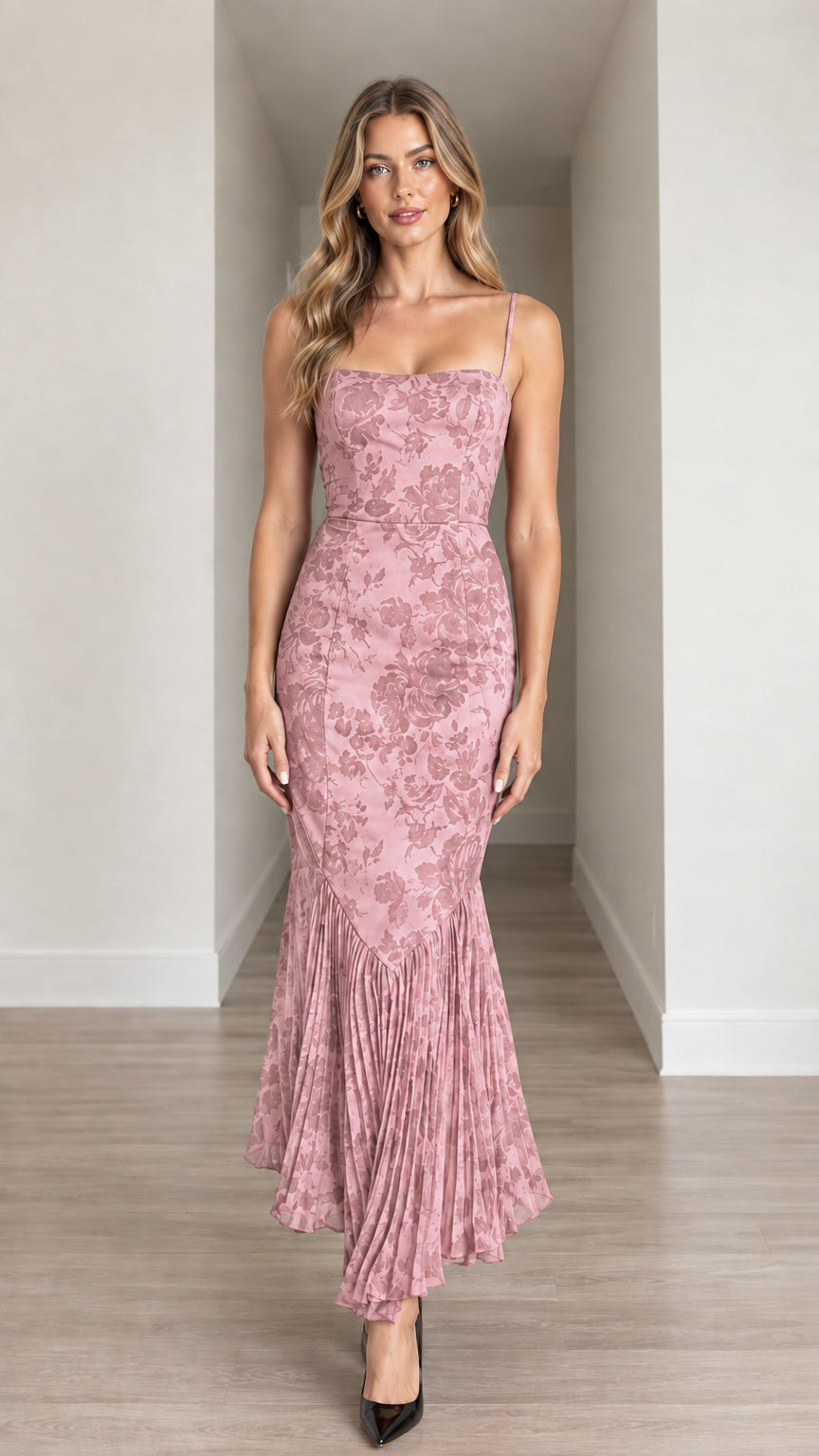 Front view of model wearing Dusty Pink Floral Jacquard Pleated Mermaid Hem Midi Dress