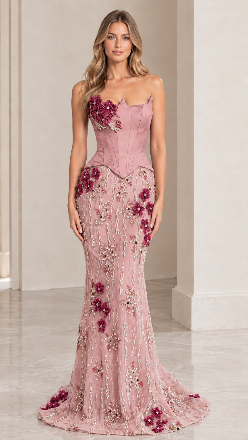 Woman wearing dusty pink strapless corset mermaid formal gown with 3D floral embroidery