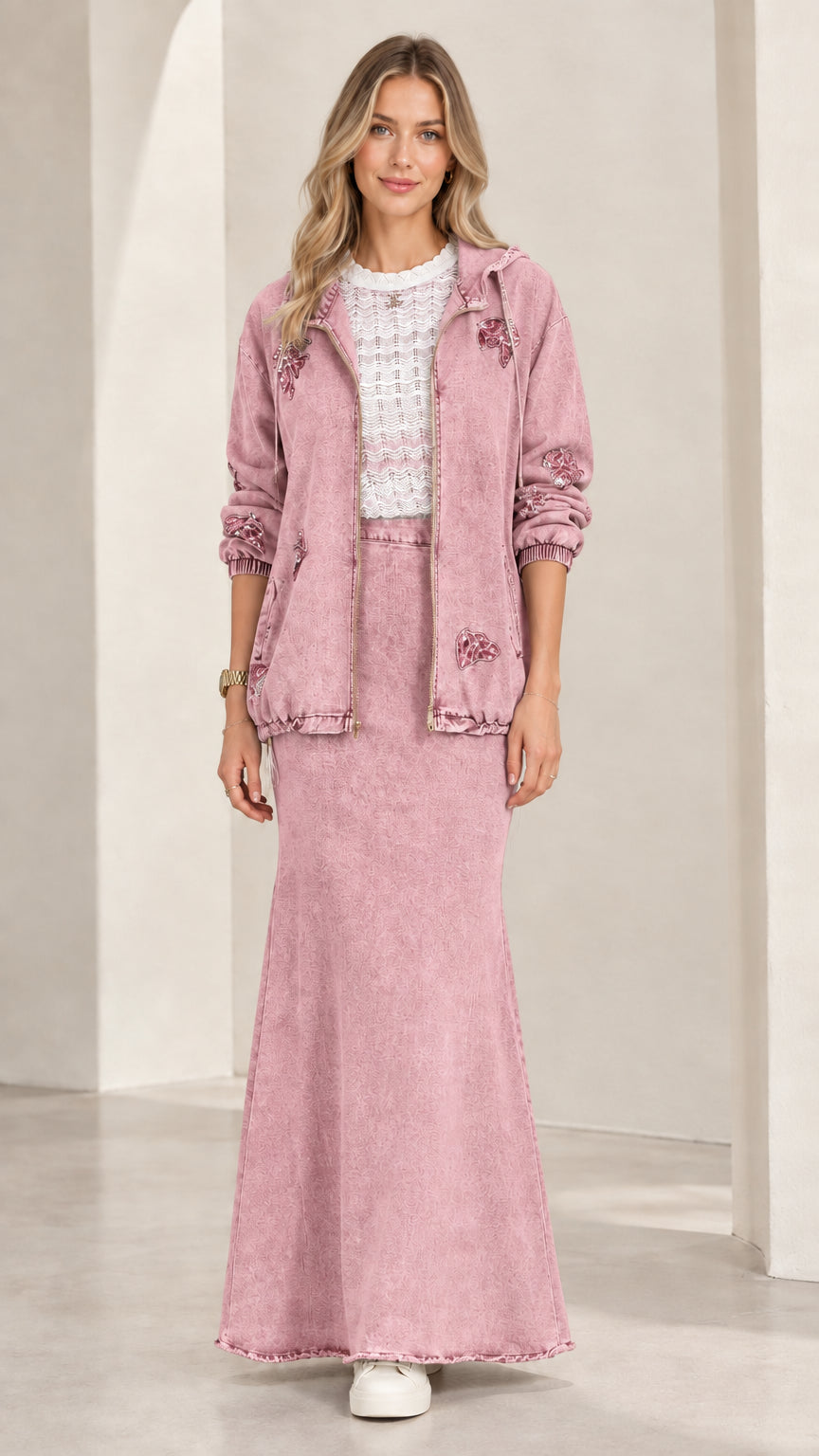 Front view of model wearing Dusty Pink hooded denim jacket and maxi skirt set