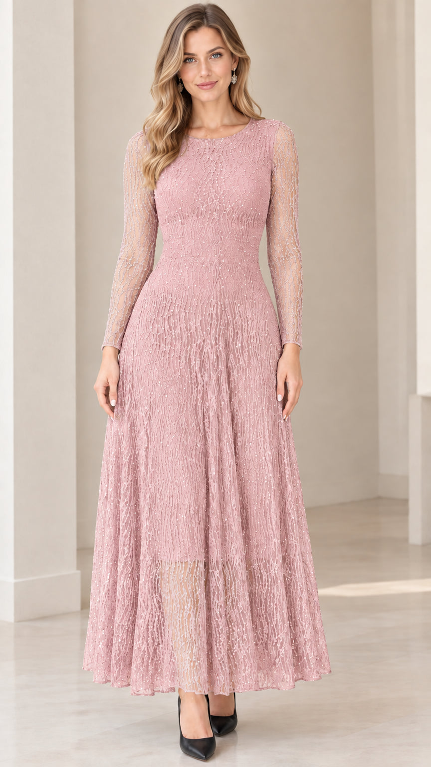 Front view of woman wearing Dusty Pink long sleeve lace evening dress