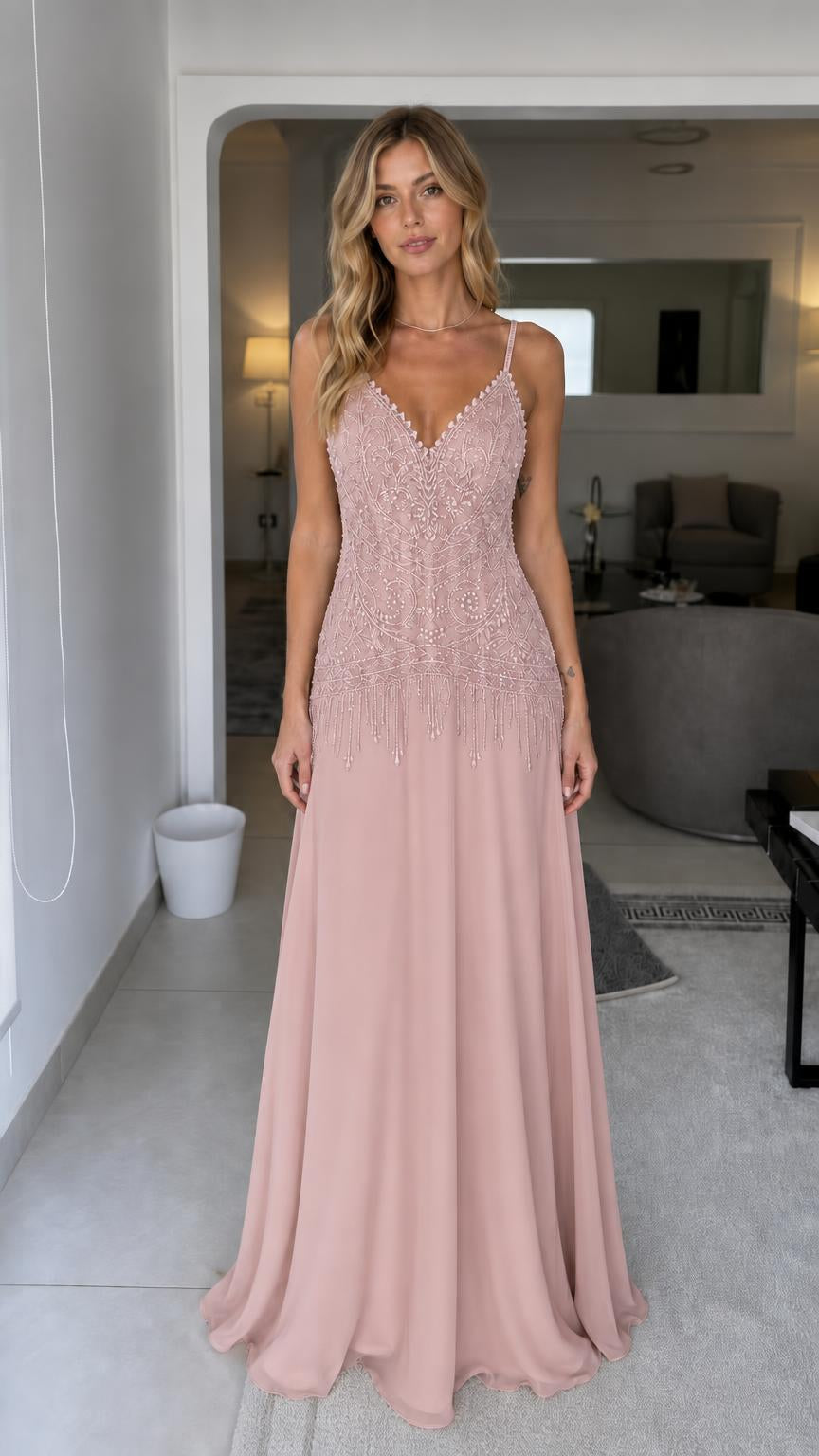 Front view of blush pink beaded evening dress