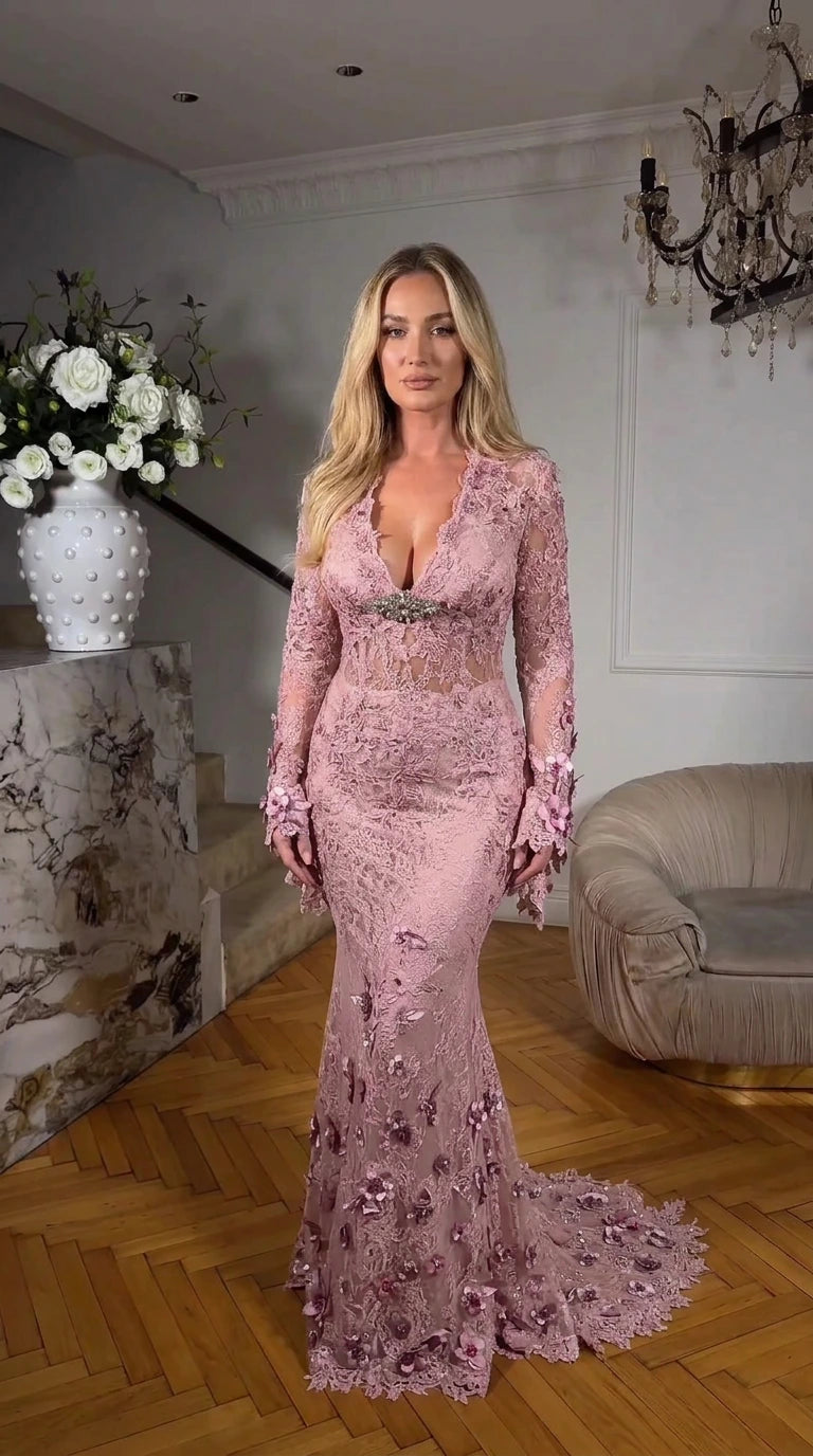 Dusty pink 3D floral lace long sleeve mermaid evening gown