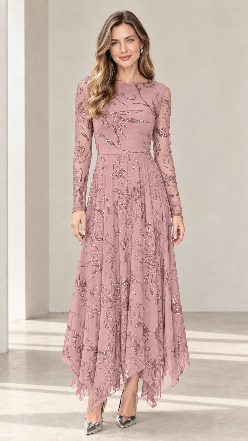 Front view of dusty rose sequin embroidered long sleeve formal midi dress