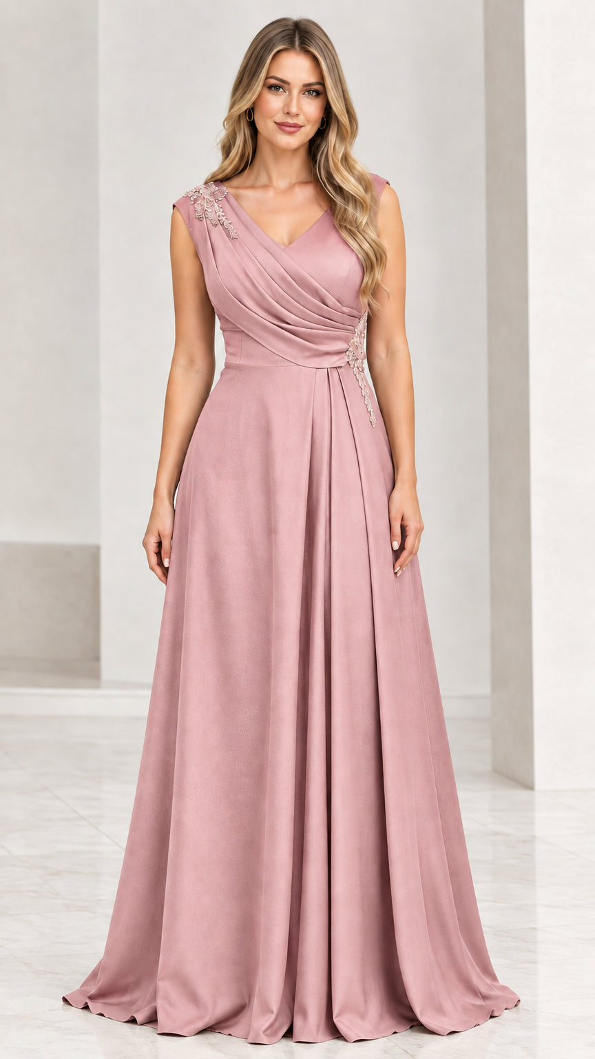 Front view of dusty rose sleeveless A-line formal evening dress