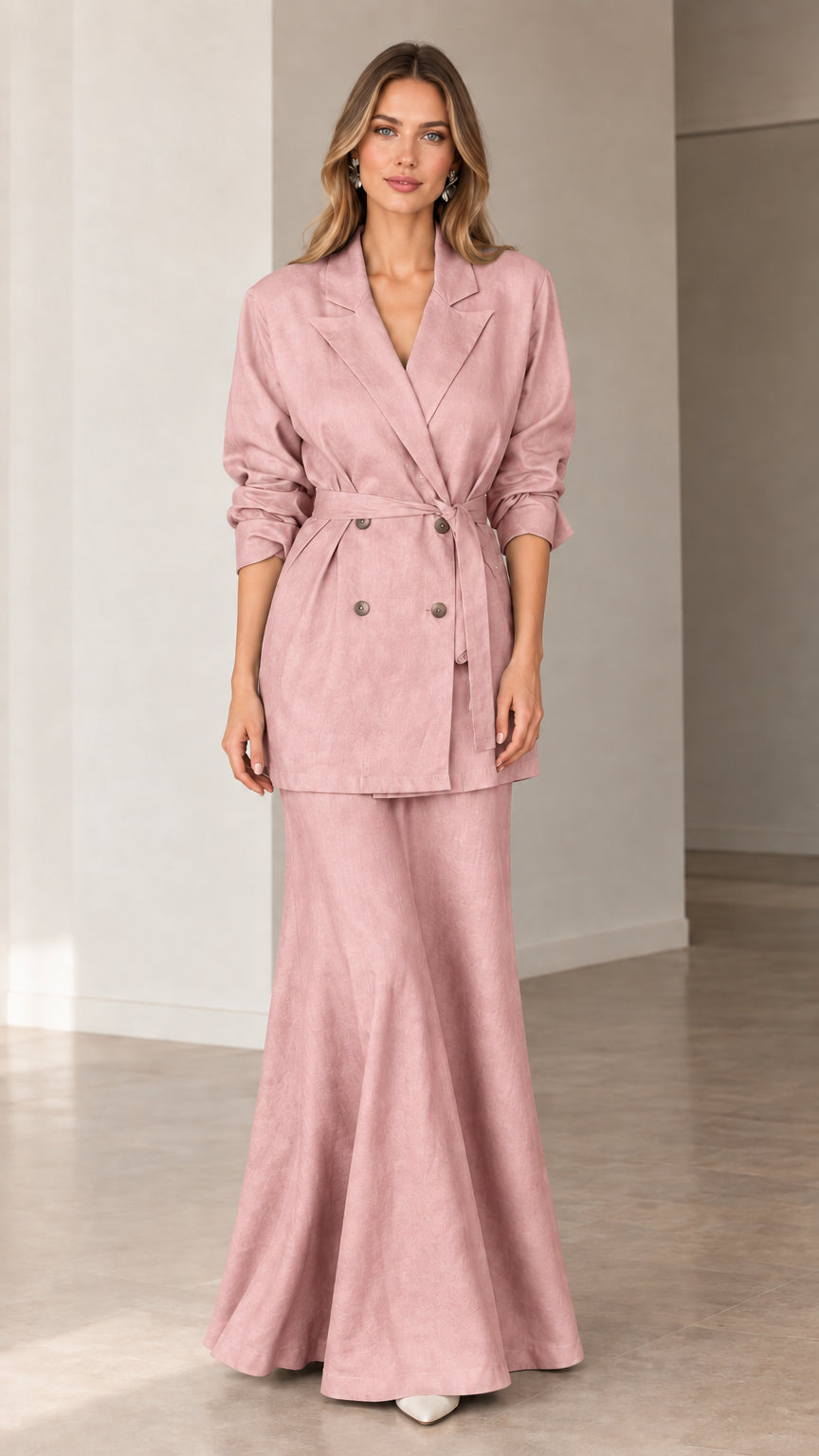 Dusty pink double-breasted belted blazer and flared maxi skirt suit set