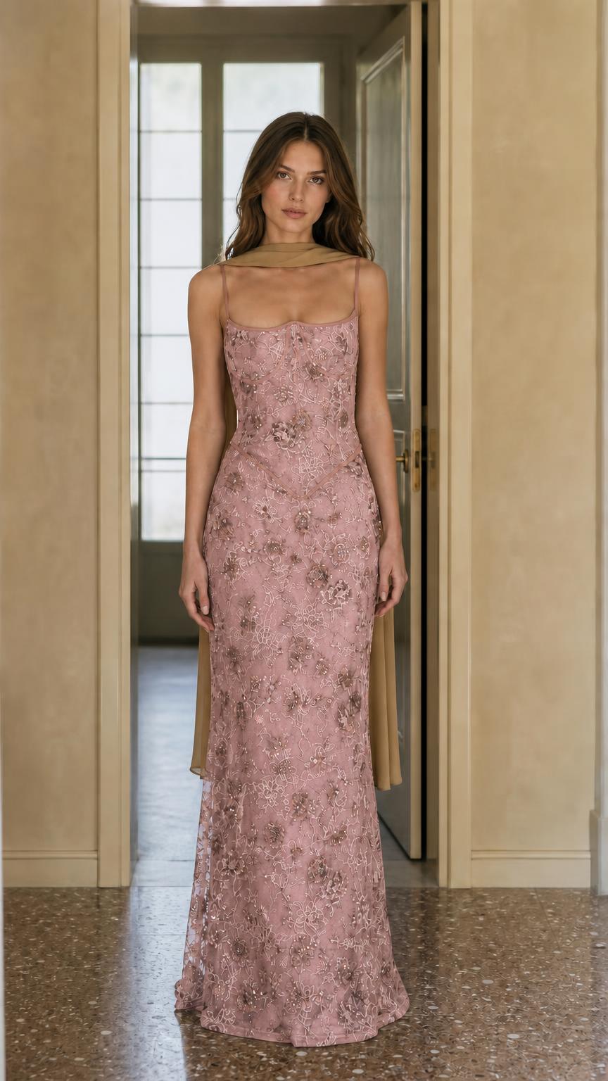 Blush pink variant of the embroidered evening dress