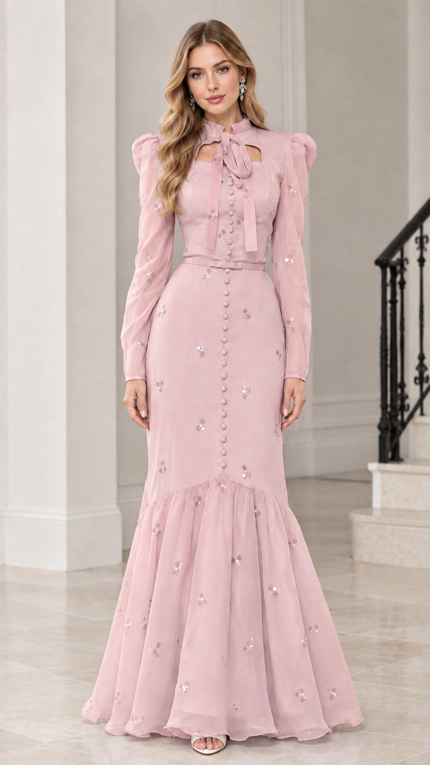 Blush pink long sleeve floral sequin mermaid evening gown