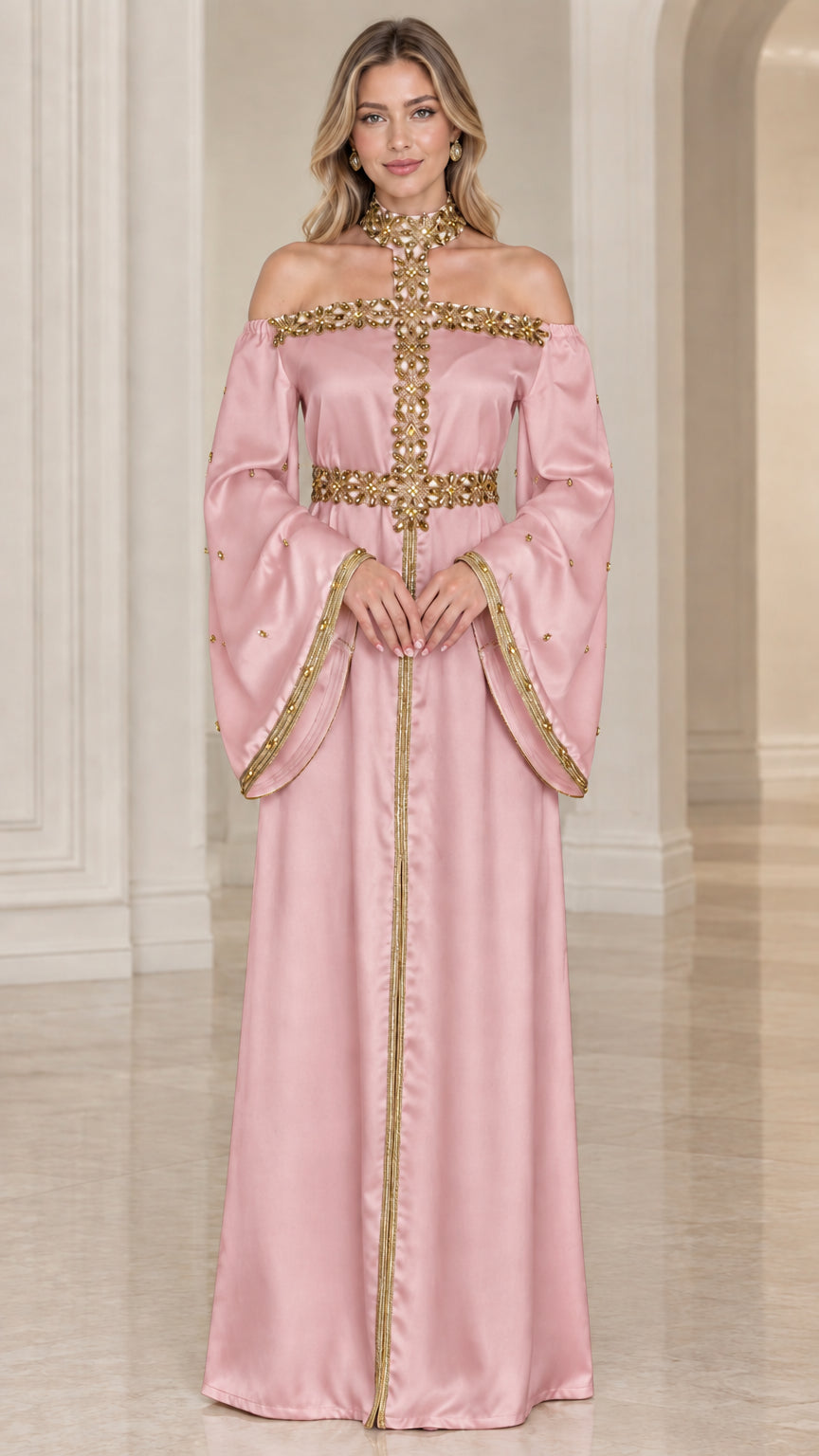 Front full-length view of dusty pink satin off-shoulder maxi gown with gold detailing