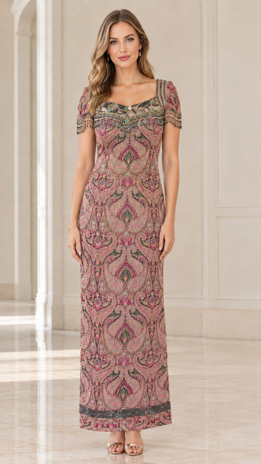 Dusty rose pink embellished paisley beaded maxi gown