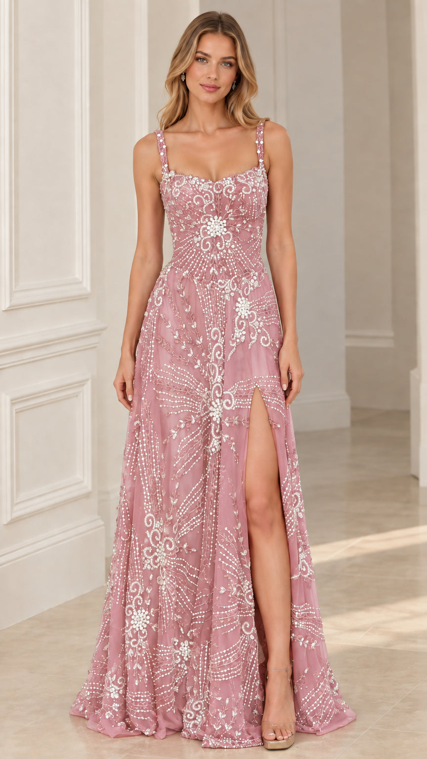 Front full-length view of Dusty Rose pink embellished formal gown