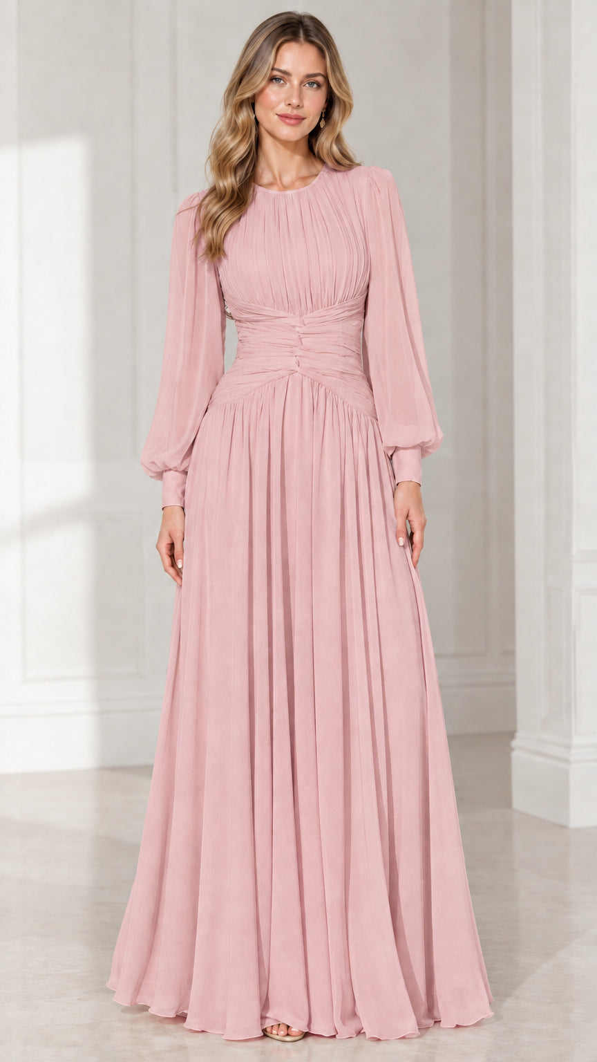 Dusty rose long sleeve pleated chiffon evening gown