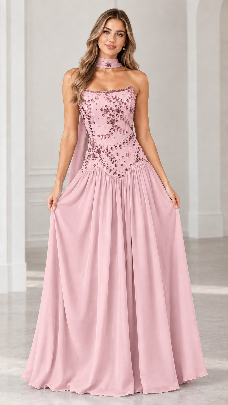 Dusty pink strapless beaded formal gown with matching scarf