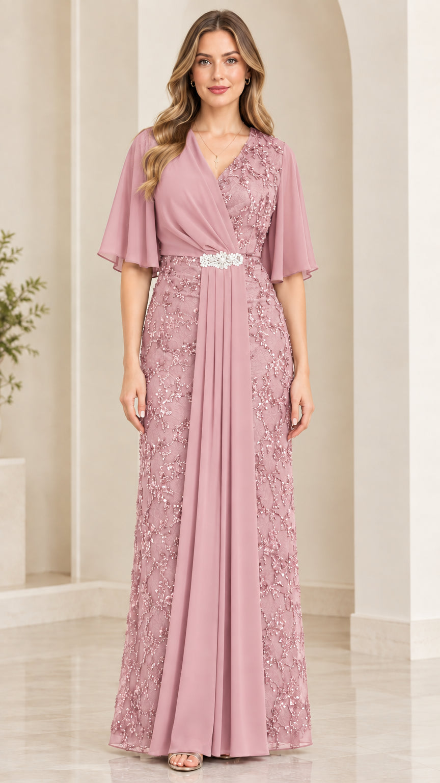 Front view of dusty rose pink sequin lace formal gown with crystal waist detail