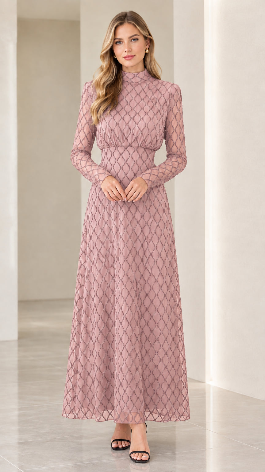 Front full view of woman wearing dusty pink geometric long sleeve maxi dress