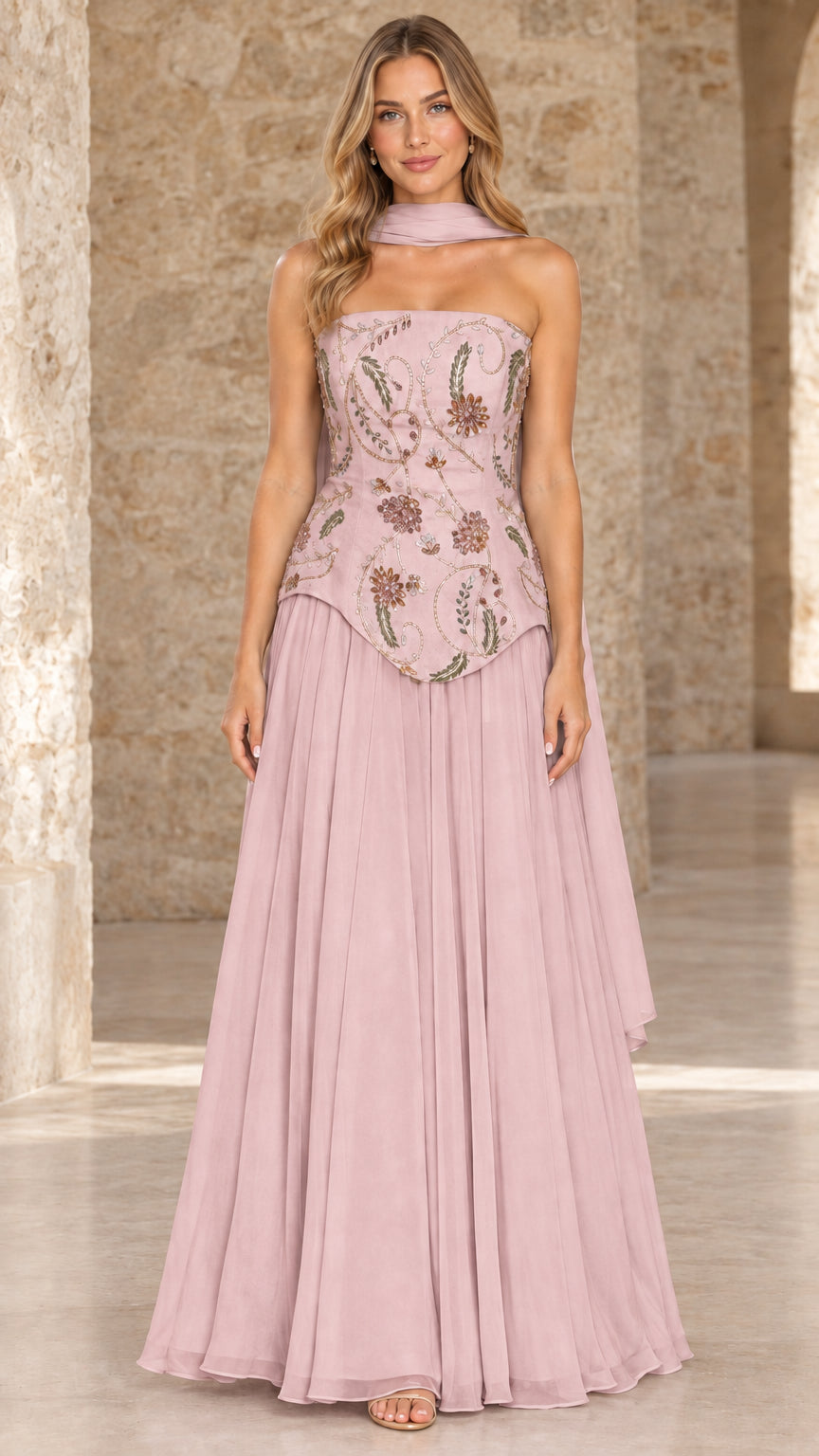 Front full view of dusty pink strapless chiffon evening gown with matching neck scarf