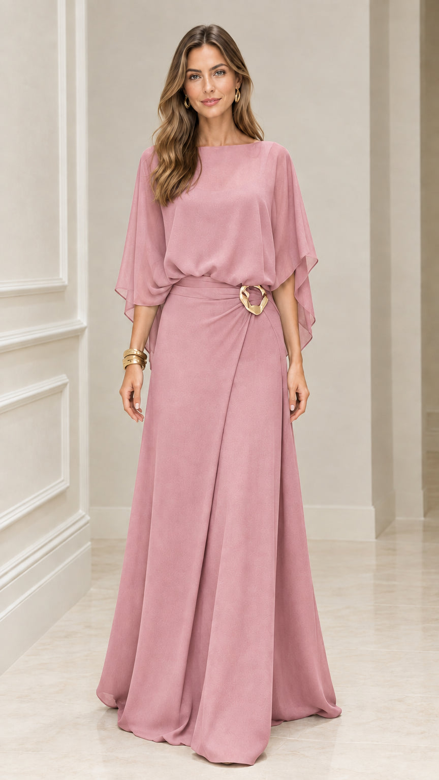 Front view of Dusty Rose draped cape sleeve formal maxi dress