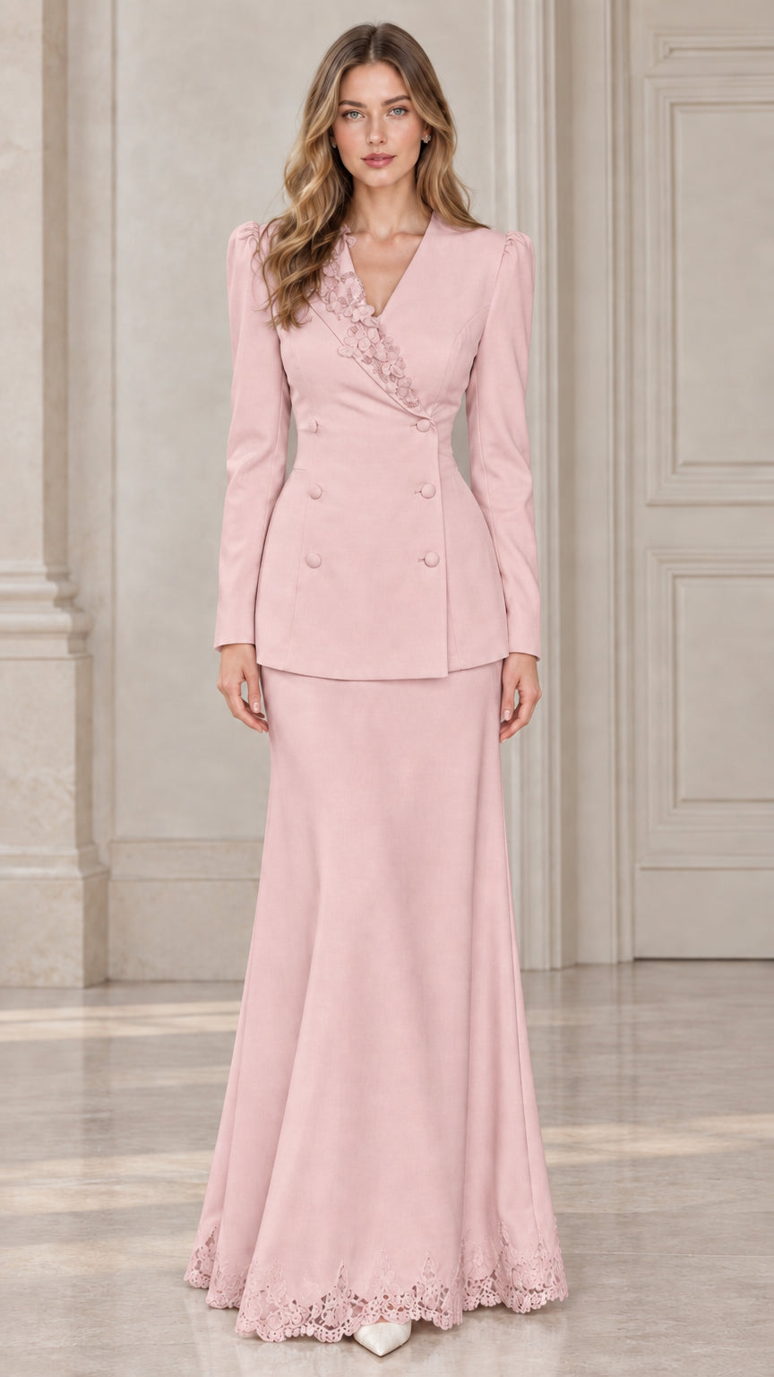 Front view of model wearing blush pink tailored evening blazer and mermaid skirt