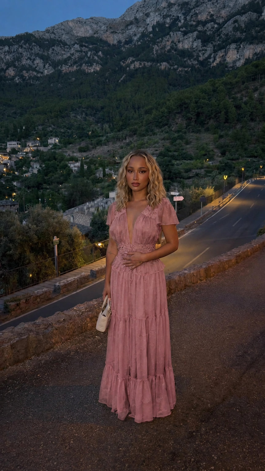 Front view of model wearing dusty pink deep V-neck tiered maxi dress