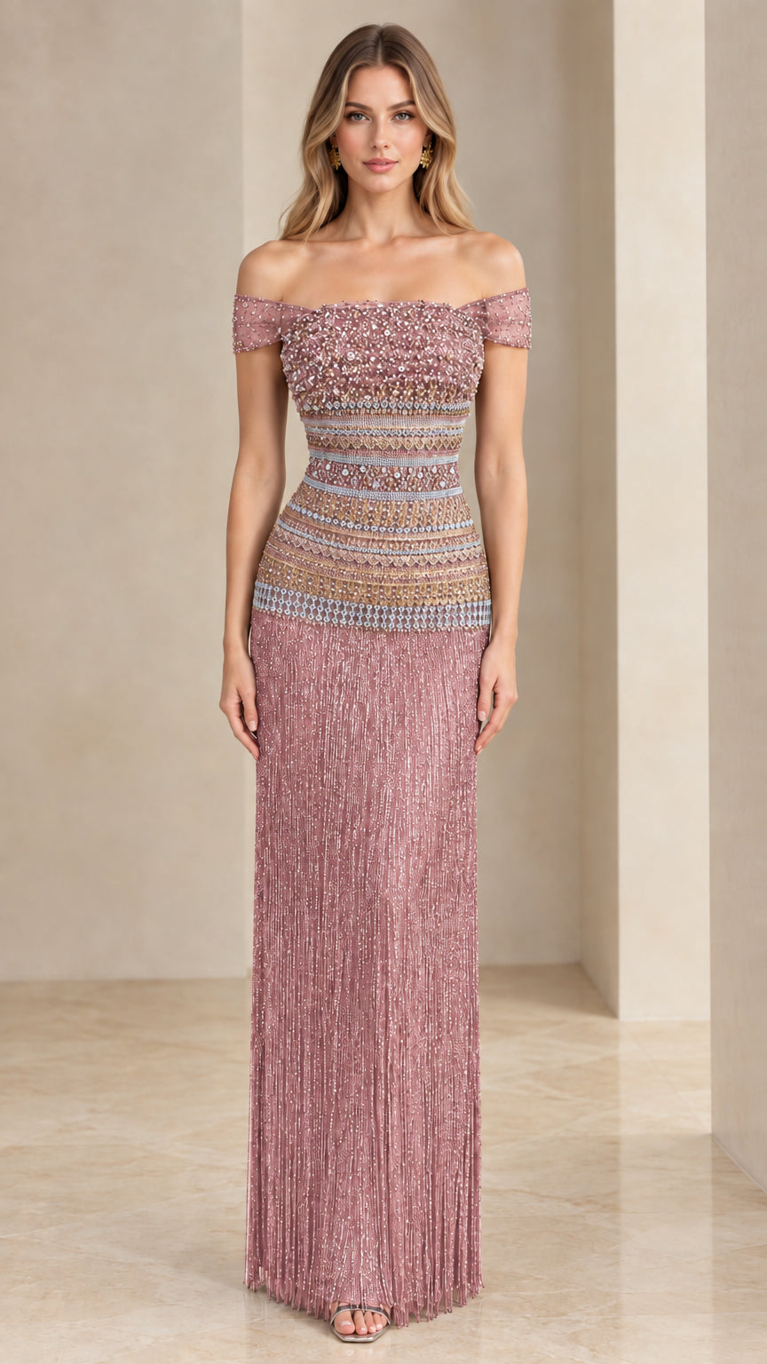 Front view of dusty rose off-the-shoulder beaded fringe evening gown