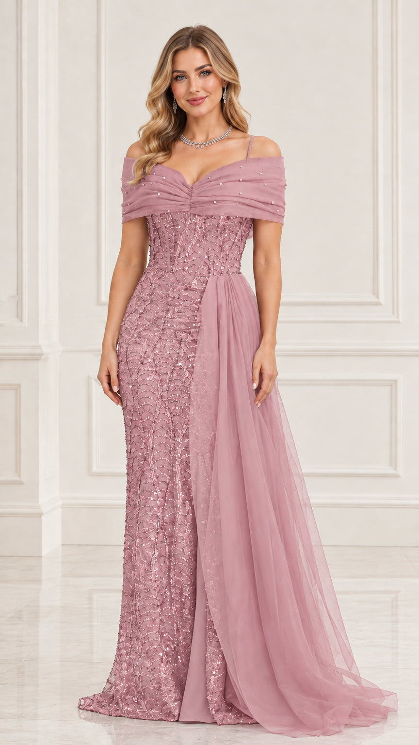 Model wearing dusty rose sequin formal dress with flowing tulle train