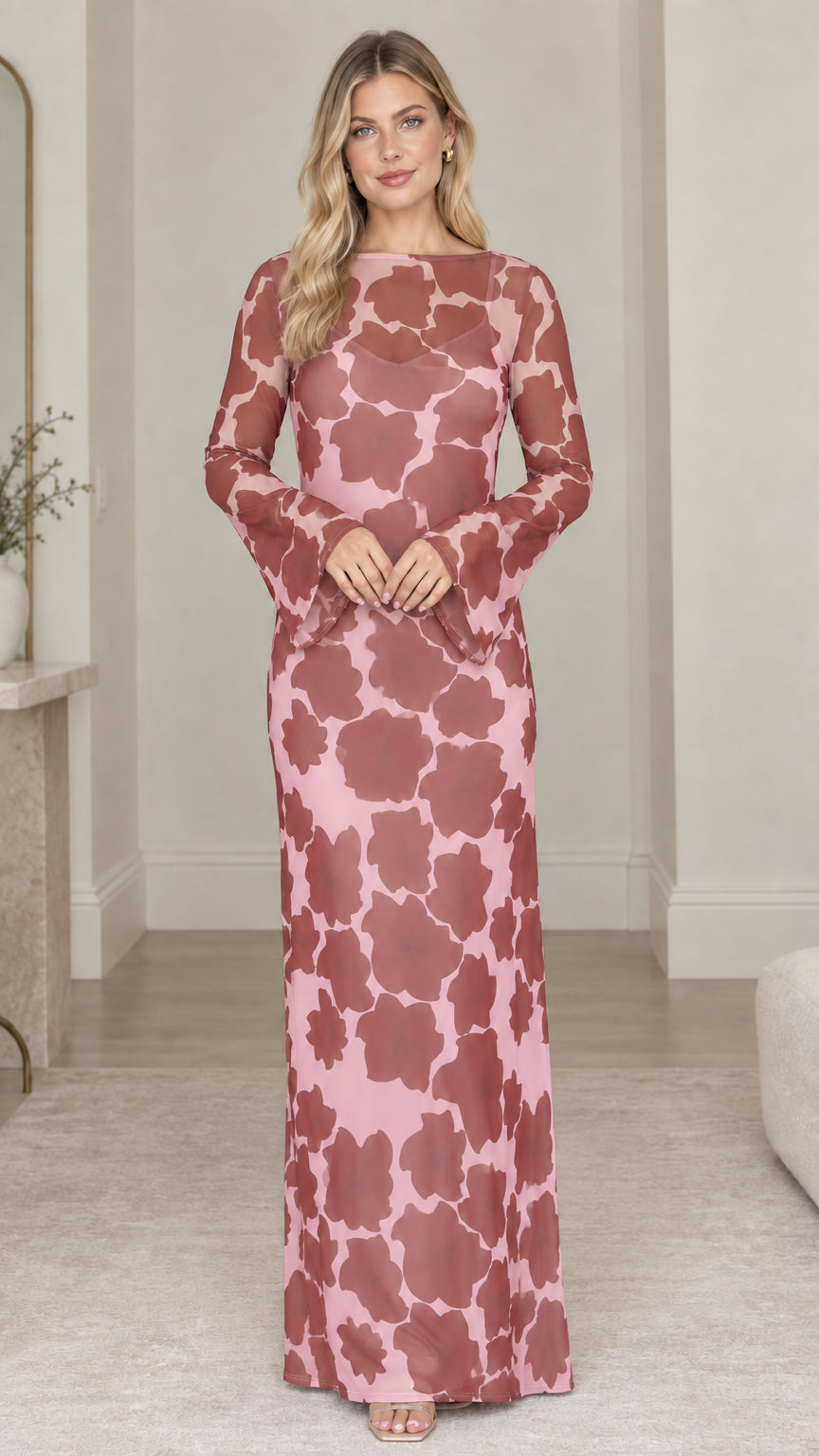 Front view of floral print boat neck maxi dress in Dusty Rose