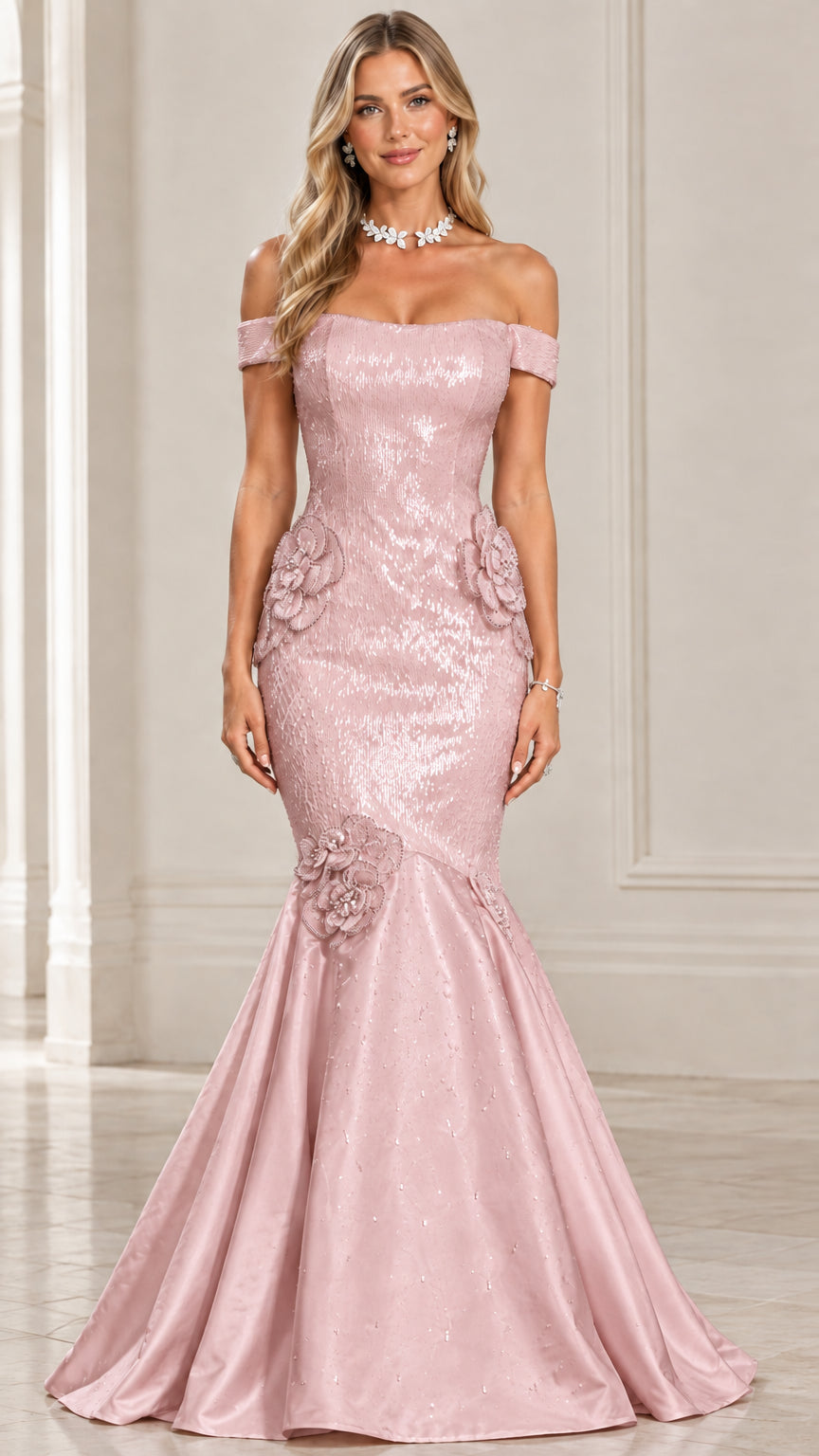 Blush pink off-the-shoulder sequin floral appliqué trumpet gown