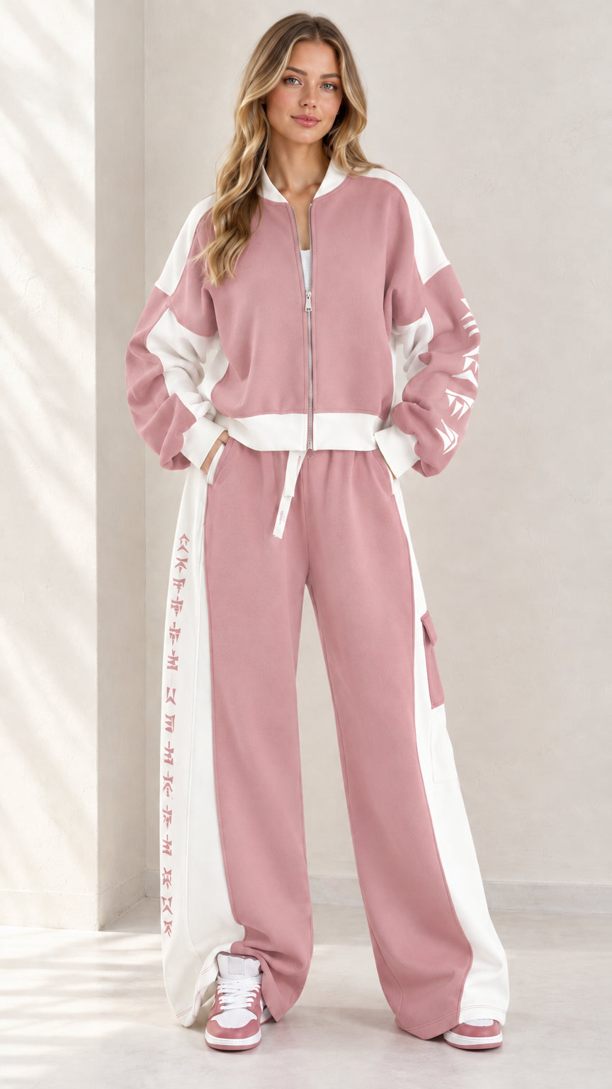 Full front view of model wearing dusty pink and white colorblock zip-up tracksuit set