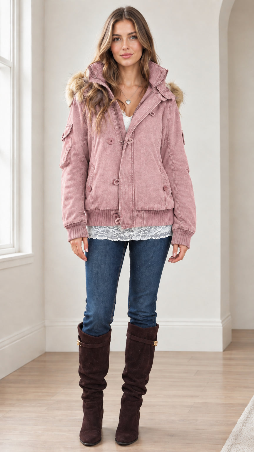 Front view of woman wearing Dusty Pink faux fur hooded utility bomber jacket