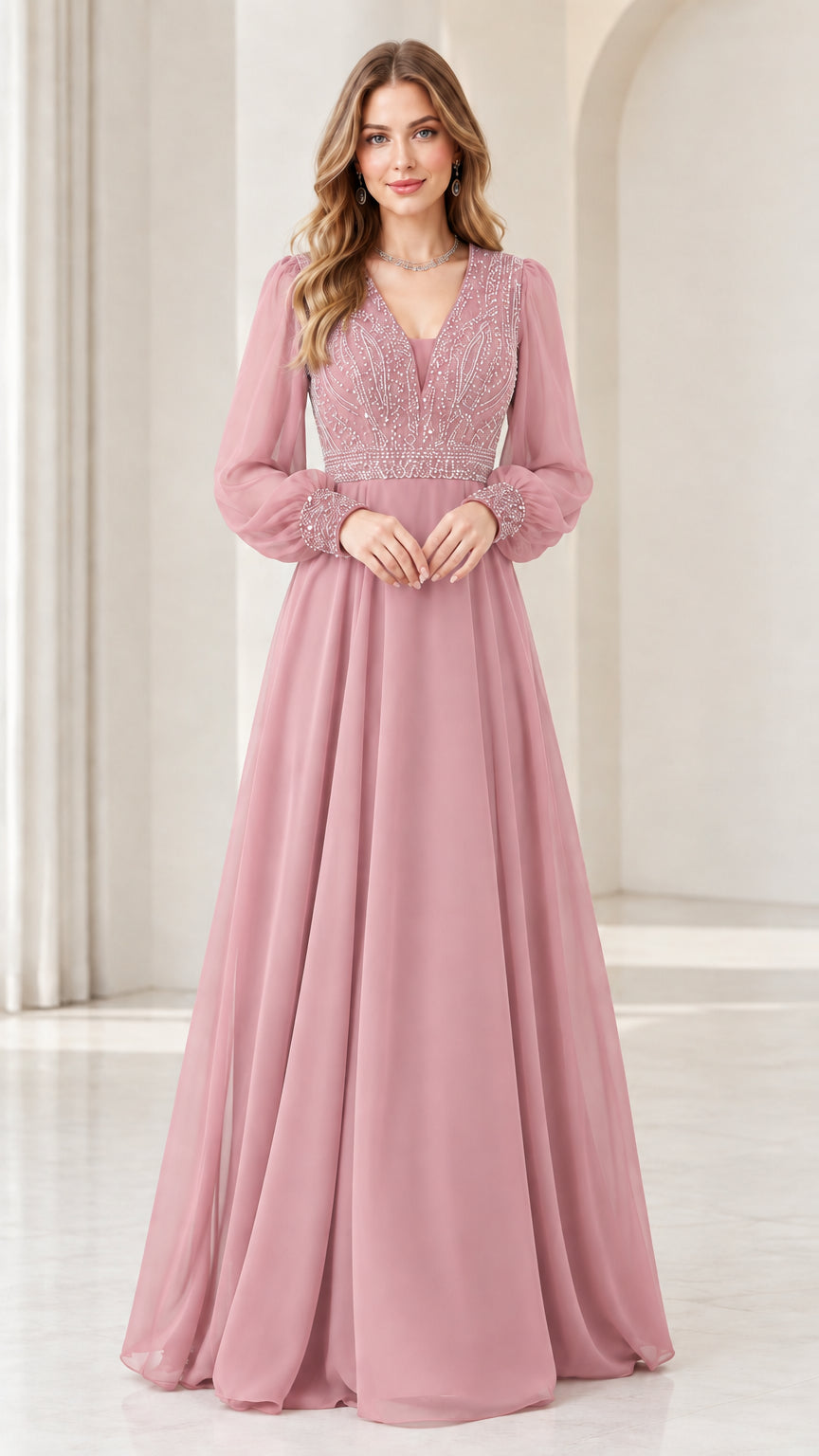 Model wearing dusty pink long sleeve beaded chiffon evening gown