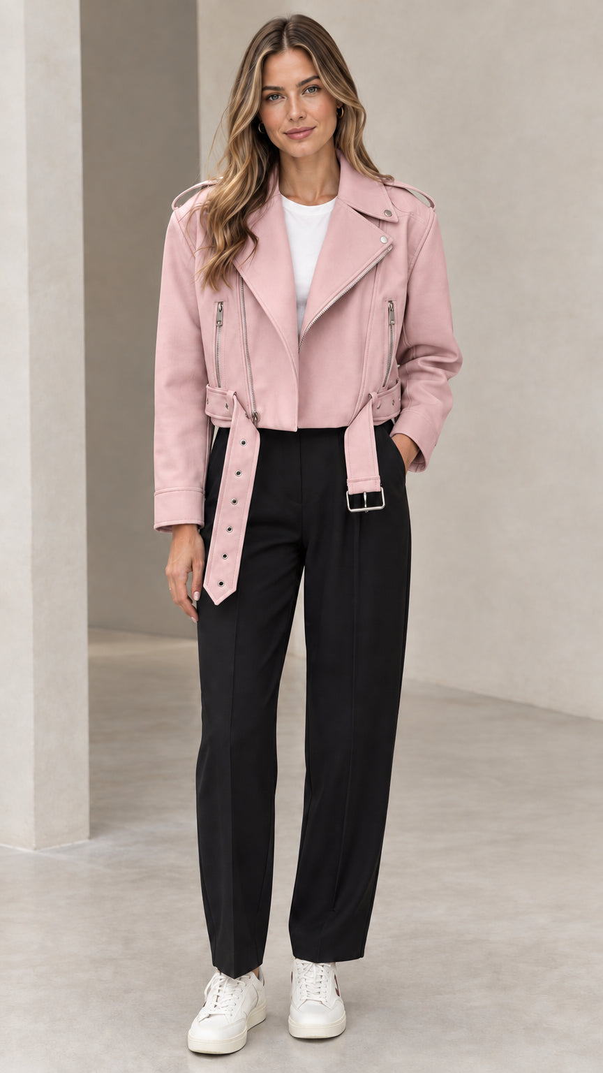 Front view of woman wearing dusty pink cropped faux leather moto biker jacket