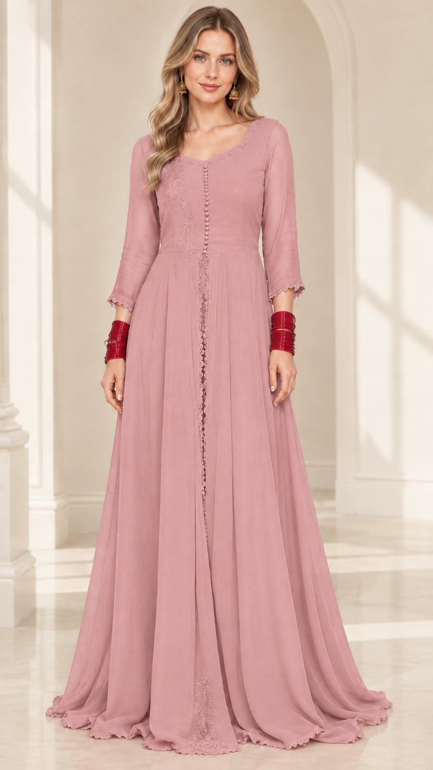 Front view of model wearing dusty pink chiffon embroidered maxi evening dress