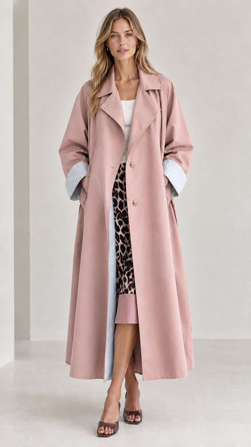 Front view of woman wearing dusty pink long trench coat with striped cuff accents