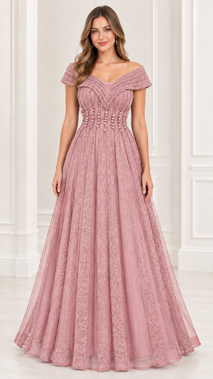 Dusty rose off-the-shoulder pleated bodice A-line formal gown