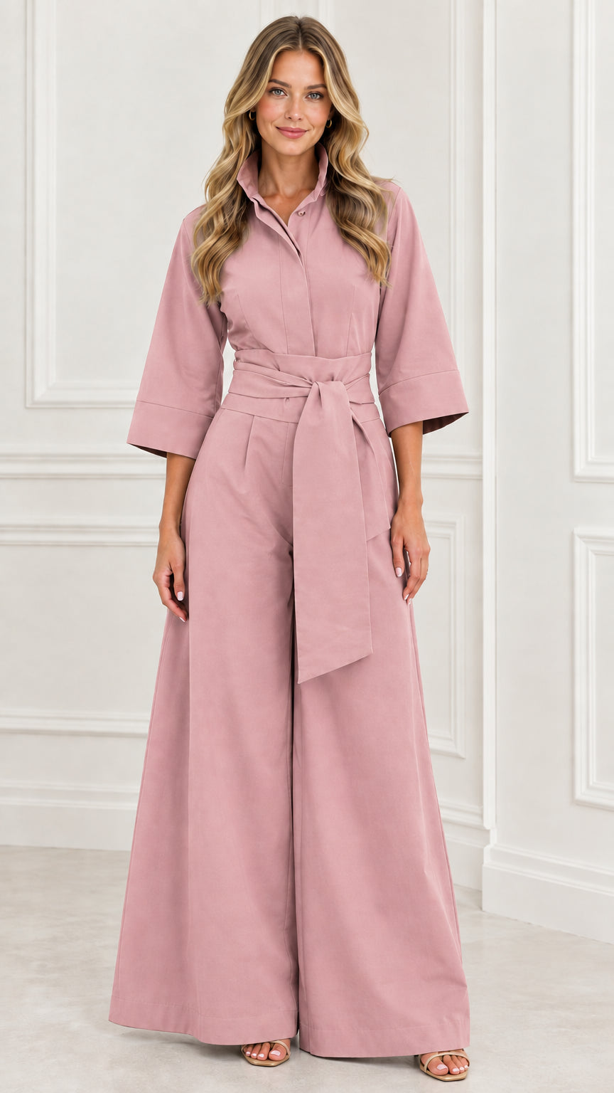 Front view of woman wearing a dusty pink collared wide-leg jumpsuit with belt