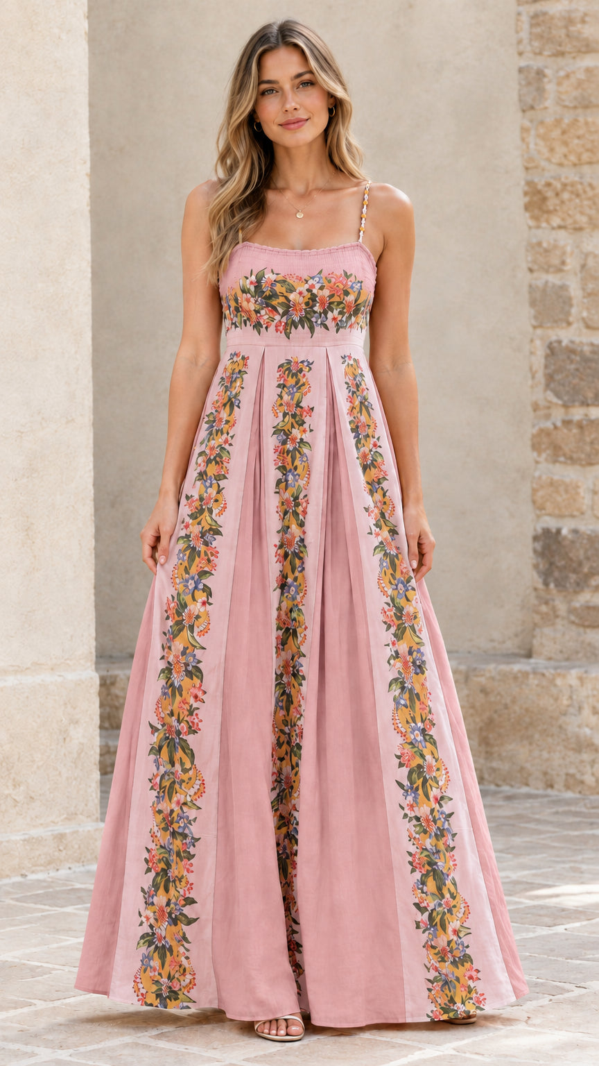 Full-length view of pink floral pleated maxi dress