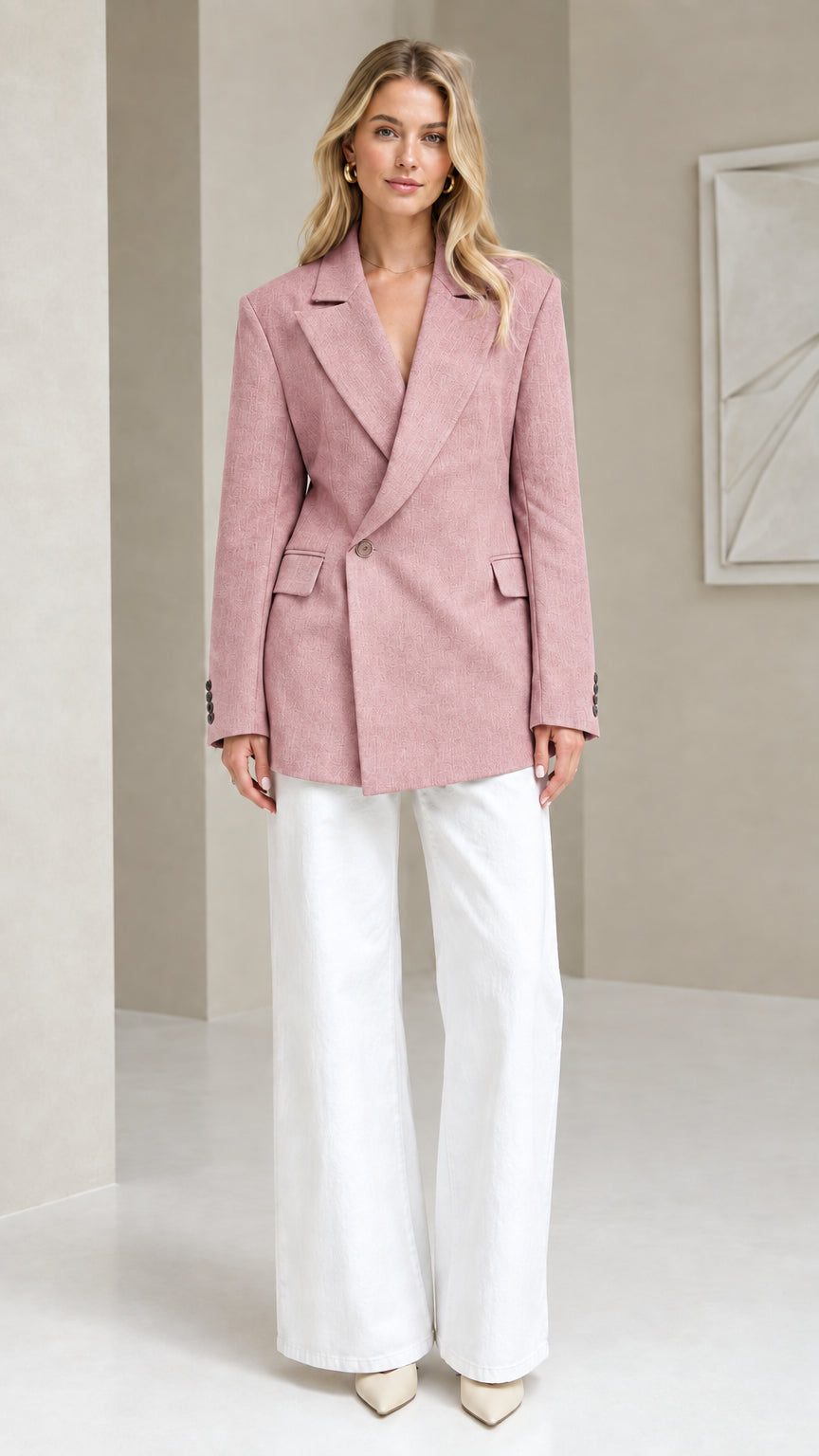 Dusty pink women's tailored crossover blazer styled with white trousers