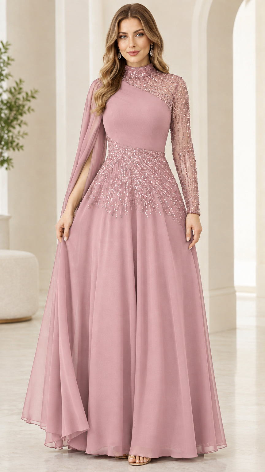 Front view of dusty rose pink high neck sequin formal cape dress