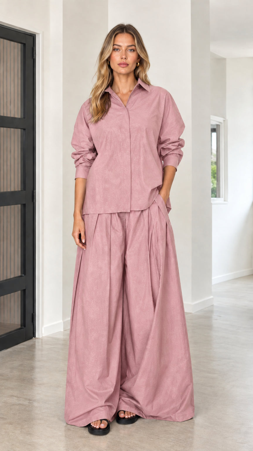 Dusty pink wide-leg pants and matching long-sleeve shirt two-piece set