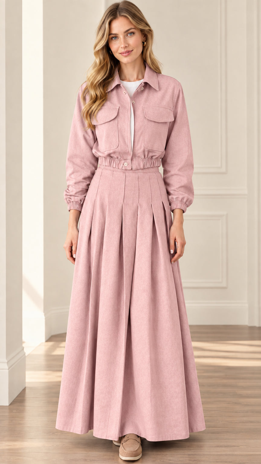 Women's dusty pink long sleeve utility shirt and pleated maxi skirt set