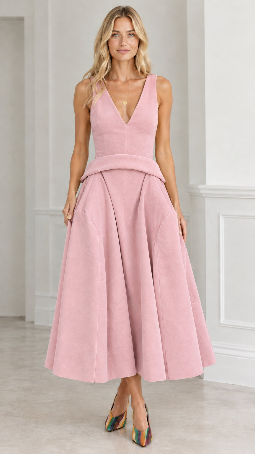 Front view of dusty pink sleeveless V-neck pleated midi dress