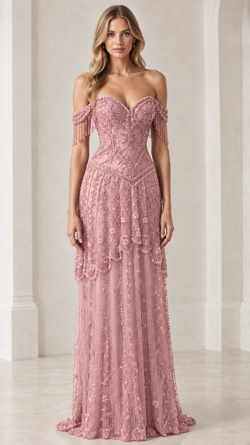 Front view of dusty pink off-shoulder beaded formal gown with fringe sleeves